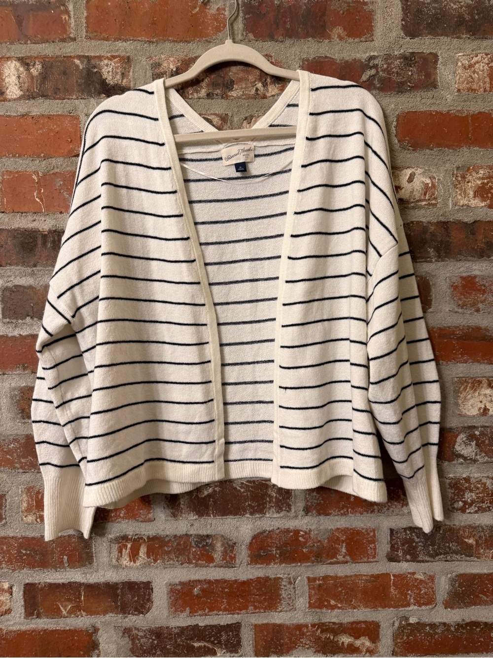 S76 -Universal Thread Cream and Navy Striped Open-Front Cardigan